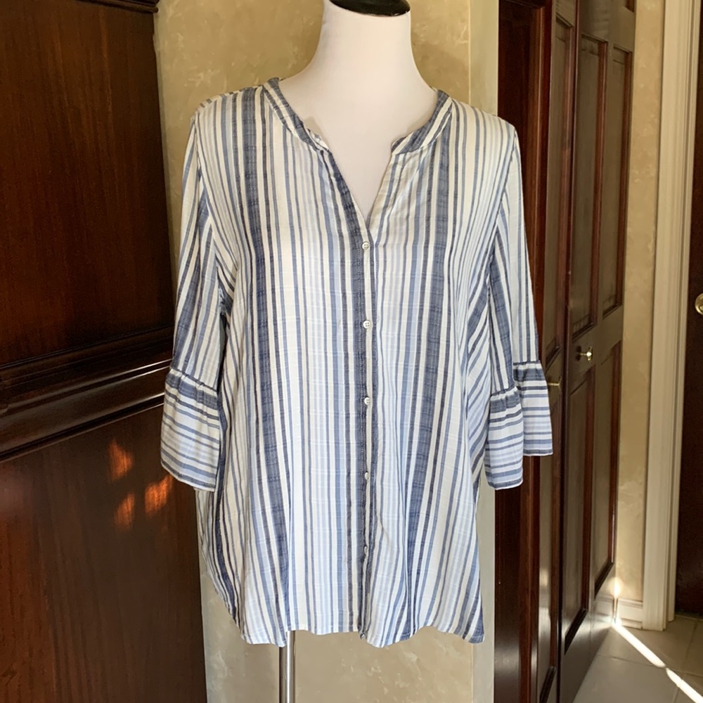 Westport lightweight striped button-down top with 3/4 sleeves